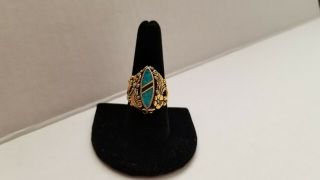 Vintage Repoussé Gold Turquoise Inlay Ring Signed Cop Castings On Parade Sz 9