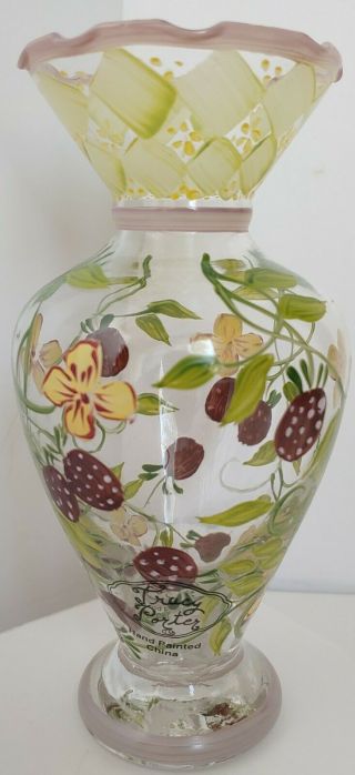 Vintage Tracy Porter Hand - Painted Glass Vase Decorative Strawberry & Floral Vase