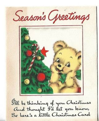 Christmas Card Vtg Approx 3.  5 X 4.  5 " Teddy Bear And Christmas Tree