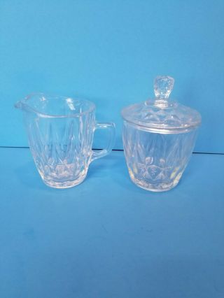 Vintage Clear Pressed Glass Creamer Pour And Sugar Bowl With Lid Set 3.  5 " Tall