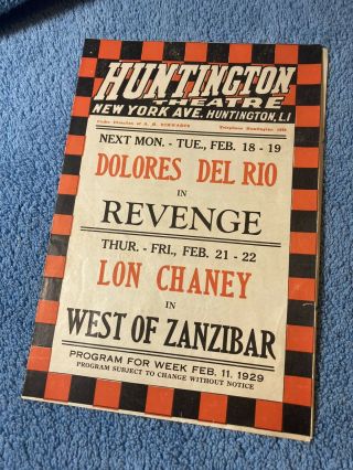 Vintage 1929 Huntington Theatre Program " Lon Cheney " In West Of Zanzibar