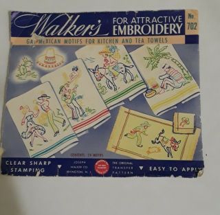 Vtg Walkers Iron On Transfer 702 Gay Mexican Motifs For Kitchen Or Tea Towels