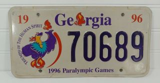 Vintage 1996 Georgia Paralympic Olympic Automobile License Car Plate Tag 70689
