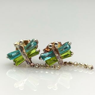 Vintage 925 Sterling Silver Stud Earrings Dragonflies Green Blue Glass Cute