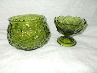 2 Vintage Green Glass Bowls - 1 Pedistal - 1crinkle Glass - B709 - 1