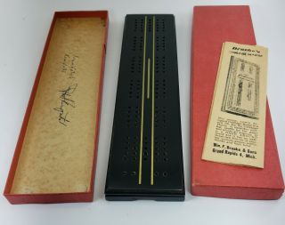 Vintage Drueke Cribbage Board No.  12 Rare Blackened Hardwood Papers And Box
