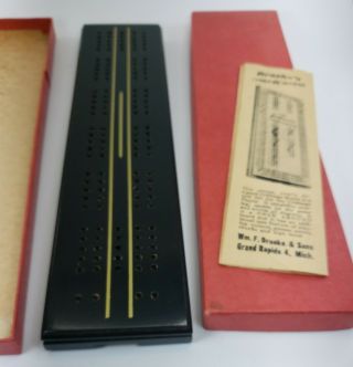 Vintage Drueke Cribbage Board No.  12 Rare Blackened Hardwood Papers and box 2