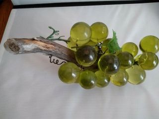 Vintage Mcm Acrylic Lucite Grape Cluster On Driftwood Light Green