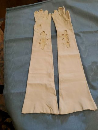Vintage Victorian Leather Opera Gloves White,  21” Long Professionally Cleaned Xs