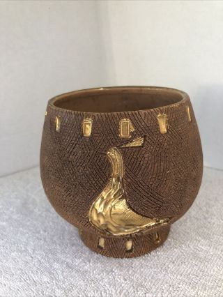 Vintage Hand Painted Textured Flower Pot With Gold Bird Made In Italy Numbered