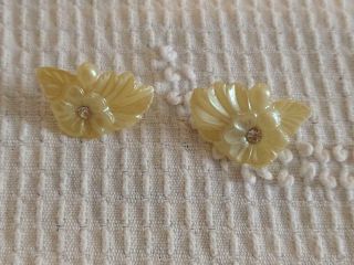 1.  25 " Vintage Hibiscus Flower Faux Mother Of Pearl Post Earrings,  Plastic,  Rhinesto