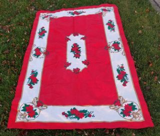 Vtg Christmas Tablecloth Red Poinsettia Green Leaves Cutter Or Use 75 Cotton