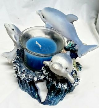 Dolphins Resin Figurine Statue Sculpture Blue Reef Vtg Porpoise Candle Holder