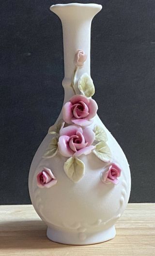 Vintage White Porcelain Vase W/raised Pink Flowers 5.  5 " Wedding Shower