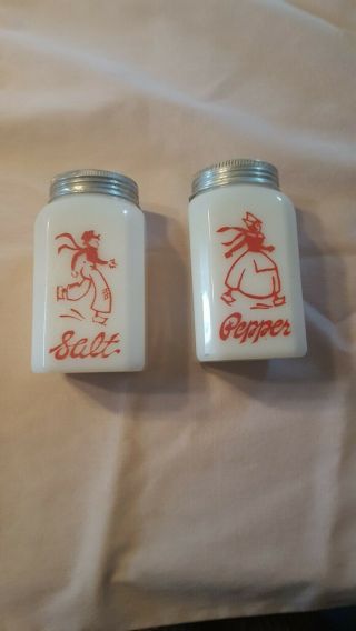 Vintage Anchor Hocking Salt & Pepper Shakers Milk Glass White W/ Red