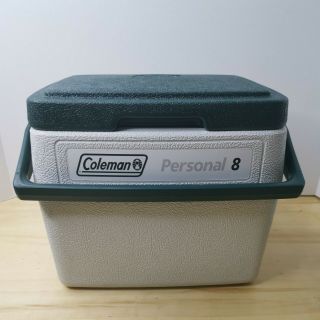 Vintage Coleman Personal 8 Cooler 5272 White,  Green W/cup Holder Lid