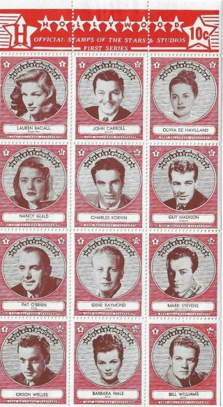 Rare 12 Hollywood Sticker Stamp Full Sheet 1947 Series H Mark Stevens More
