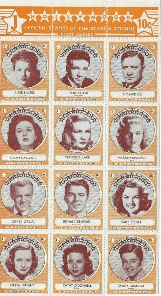 Rare 12 Hollywood Sticker Stamp Full Sheet 1947 Series J Richard Dix More