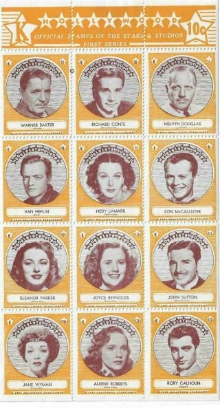Rare 12 Hollywood Sticker Stamp Full Sheet 1947 Series K Richard Conte More
