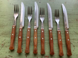 Vintage Set Wood Handle Stainless Silverware Forks / Knifes Mid Century Prestige