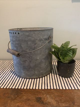 Vintage Blue Grass Minnow Bait Bucket,  Galvanized Steel Rustic Decor