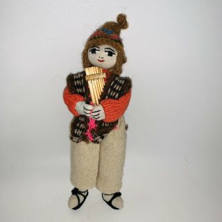 Vintage Handmade Detailed Nylon Stitched Faced Bolivian Fabric Doll W Flute