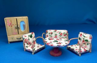 Vintage Painted Wooden Doll House Furniture Japanese Table & Chairs Wardrobe