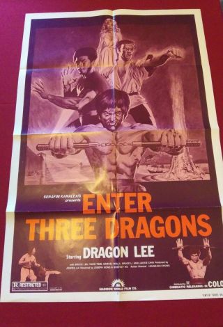 Vintage Enter Three Dragons Martial Arts Movie Poster 27 " X 41 " One Sheet