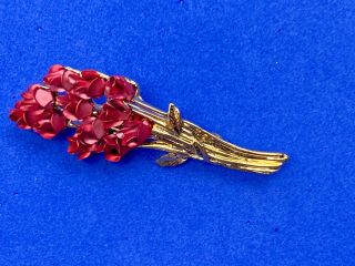 Bouquet Of Red Roses Flowers Brooch Pin Gold Tone Vintage Signed Dm 97