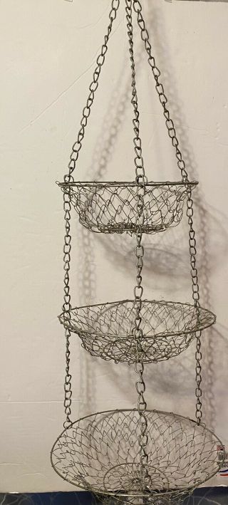 Vintage Metal Wire Mesh 3 Tier Hanging Fruit Basket / Plant Hanger