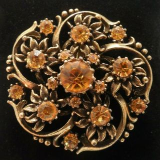 Vintage - Coro - Gold Tone - Citrine Color Rhinestones - Flower - Brooch