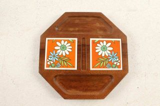 Vintage Mid Century Walnut Serving Tray With Retro Ceramic Flower Tiles
