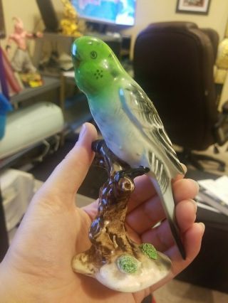 Vintage Green Bird Parakeet Budgie Figurine Ceramic Japan Glass Glazed 6 Inches