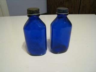 Set Of 2 Vintage Glass Cobalt Blue Phillips Milk Of Magnesia Bottlles 5 " W/lids