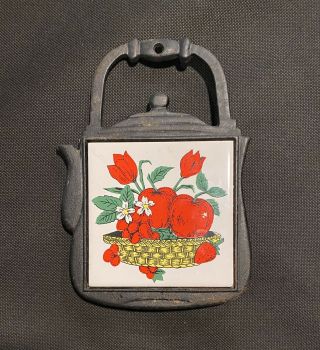 Vtg Retro San Ho Tile Trivet Teapot W/ Apples & Strawberries In Cast Iron Frame