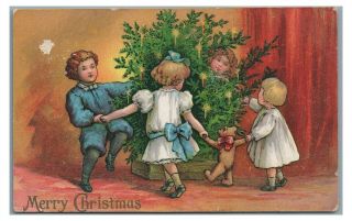 Merry Christmas Children Tree Teddy Bear Vintage Postcard