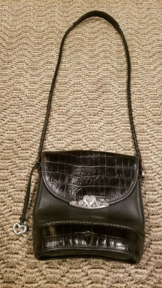 Vintage Brighton Black Pebbled Leather W/ Black Croc Trim Crossbody Handbag