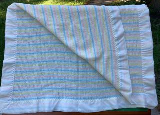 Vintage Baby Receiving Blanket Waffle Weave Acrylic Pastel Stripe Satin Trim