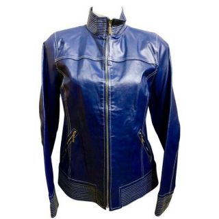 Y2k Bradley Bayou Embroidered Leather Moto Jacket 90s Vintage Blue Coat Unisex S