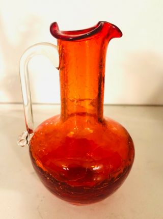 Vtg Art Glass Kanawha (?) Handcrafted Orange Crackle Glass Mini Pitcher Vase