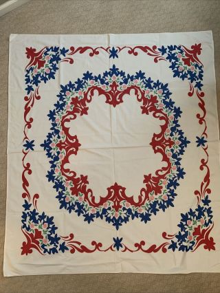 Vintage Cotton Tablecloth Red Blue Pink And White