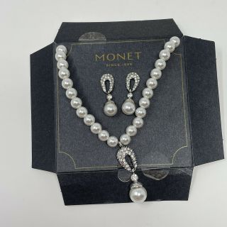 Vintage Monet Signed Faux Pearl Pave Rhinestone Necklace Earrings Set Nos