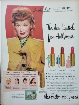 Vintage 1947 Max Factor Lipstick Print Ad Ephemera Art Decor Lucille Ball