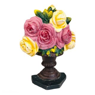 Cast Iron Door Stop Pink & Yellow Roses Flowers Antique Vtg Style Urn Pot Basket