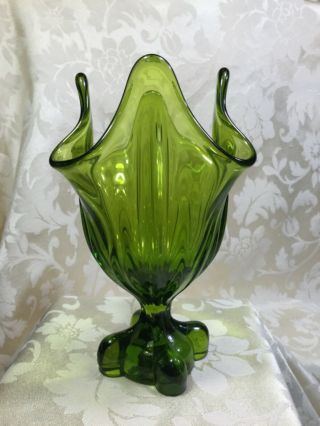 Vtg,  Avocado Green Glass Pedestal Handkerchief Art Footed Swung Compote Vase