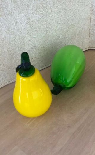 Vintage Hand Blown Murano Glass Fruit Yellow Pear 5” And 6” Green Pear