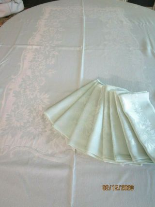 Vintage Simtex Damask Tablecloth With 8 Napkins,  Green 62 " X 84 "