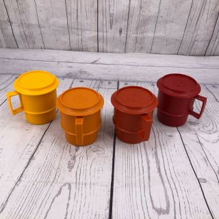 Vintage Tupperware Stackable Coffee Mugs Cups Set Of 4 W/lids Harvest Colors
