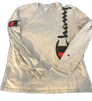 Vintage Champion Men Size L Long Sleeve Shirt Tee Logo Gray Jersey All Cotton