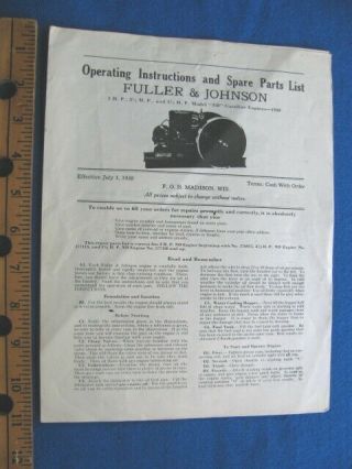 Vintage 1930 Fuller & Johnson Stationary Engine Inst.  & Parts List